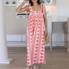 Cyflymder Beach Holiday Sleeveless Hollow Out Maxi Dress Casual High Waist Pleat Women's Party Dress Bohemian Style Printed Lace-up Dress