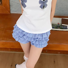 Cyflymder Designer Ruffles Blue Plaid Shorts Women Summer Designer Low Rise Bloomers Micro Cute Shorts Fashion Y2K Bottoms