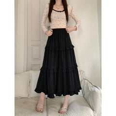 Cyflymder Sweetwhitecake Slimming High-Waisted A- Line Skirt For Women Medium-Length Wood-Ear Edge Joining Summer Autumn Season