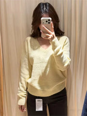 Cyflymder Yellow Sweater Woman Spring Casual Sweet V-neck Long Sleeve Knitted Pullover Cute Simple Preppy Style Sweaters Chic Y2k Jumpers
