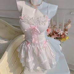 Cyflymder Cute Crop Top Women Summer Lace Trim Bows Decoration Slim Tops for Sweet Girls Lolita Style Kawaii Clothes