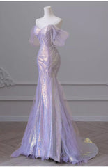 Cyflymder Purple Laser Sequin Beaded Mermaid Women Evening Dress with Puff Sleeves Tassel Pearls Tulle Train Prom Gown