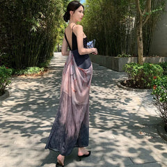 Cyflymder Chinese Traditional Style Ink Print Dress Women's Summer Sling Sexy Collar Lazy Holiday Skirt