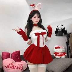 Cyflymder Christmas Outfit For Women Sexy New Year Halloween Holiday Dresses Bunny Cosplay Velvet Red Dress Santa Party Performance Dance