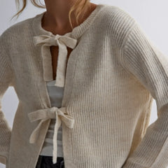 Cyflymder Tie Front Cropped Cardigan Sweaters for Women Crew Neck Long Sleeve Knit Bow Tie Trendy Sweater Tops Winter Fall Streetwear