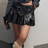 Cyflymder Leather Pleated Vintage New Hot Girl PU Short Skirt American Pleated Skirt High Waisted Belt