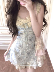 Cyflymder Coquette Sweet Lace Oil Painting Floral Print Bow Camisole Dress Women Ruched Waist Slim Fit A Line Mini Dress Elegant Outfit