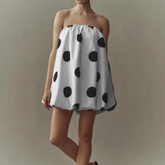 Cyflymder Women Elegant Hight Waist Loose A-Line Dress Sexy Off Shoulder Strapless Short Dress Retro Polka Dot Print Sleeveless Mini Dress