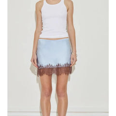 Cyflymder Lace Patchwork Sexy Mini Skirt for Women Elegant Stain Straight Elastic Female Skirt Casual Slim Fashion Streetwear