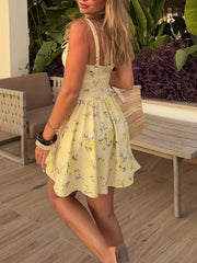 Cyflymder Women's Yellow Printed Halter Dress Slim Fit Bow Detail Summer Fashion Casual Dress for Holidays