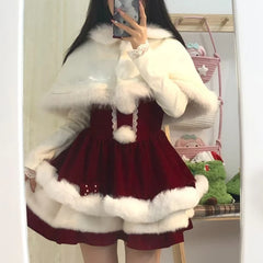 Cyflymder Winter Red Christmas Lolita 3 Piece Sets Women Sweet Plush Patchwork Cloak Coat Slim Bow Mini Dresses Japanese Harajuku Y2k Suit