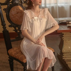 Cyflymder French Elegant Sweet Summer V Neck Short Sleeve Mesh Dress All Match Temperament Women Sleepshirt Y2k Casual Lounge Dress