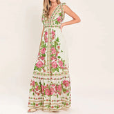 Cyflymder Sexy V-neck Women Vacation Long Dress Summer Casual Sleeveless Hight Waist Party Dress Elegant Print Draped Bow Maxi Dress