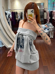 Cyflymder Basic Casuals Letter Print Dress Women Autumn Slash Neck Full Sleeve Chic Trend Elastic Streetwear Daily Mini Bodycon