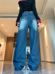 Cyflymder Women's Double Pocket Wide Leg Retro Blue Jeans Cool Girl Streetwear Fashion High Waist Pant Female Straight Design Trousers