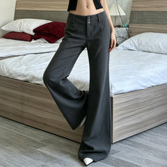 Cyflymder Women’s Low-Waist Wide Leg Grey Pants Elegant Office Trousers with Button Closure Long Flared Business Casual Pants for Ladies