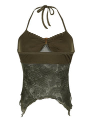 Cyflymder Sweetown Retro Forest Green Vintage Print Boho Y2K Camisole Backless Halter Tie Asymmetrical Tops Women Summer Vacation Clothing