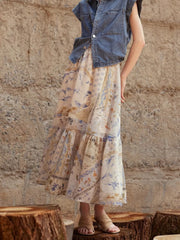 Cyflymder Boho Vintage Print Long Skirt Women Beach Casual High Waist Loose Skirts Retro Sweet Lady High Quality A Line Long Skirts