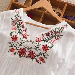 Cyflymder Ethnic Style Floral Embroidered Summer Dress Women's Half Sleeve Sheer Thin V-Neck Short Dress Fashion Casual Bohemian Dress