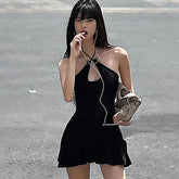 Cyflymder Women Sleeveless Halter Neck Dress Casual Summer Ruffled Backless Ruched Bodycon Party Dress for Beach Club Y2K Streetwear