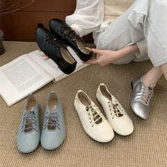 Cyflymder Retro Lace Soft Leather Women Flats Cozy Round Toe Ballet Style Outdoor Walking Casual Shoes Ladies Fashion Brand Designer Pumps