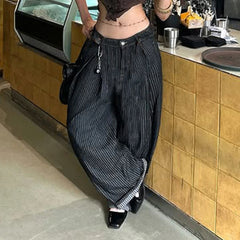 Cyflymder Women Striped Relaxed Fit Jeans Retro Low Rise Wide Leg Denim Pants Grunge Loose Trousers Spring Y2K Clothes