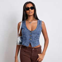 Cyflymder Women's Y2K Vintage Denim Vest Sleeveless V Neck Button Down Irregular Hem Outwear Gilet with Pockets Streetwear
