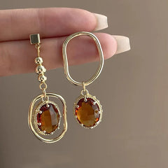 Cyflymder Retro Metal Asymmetrical Long Crystal Stud Earrings for Women European American Style Jewelry Party Travel Accessories