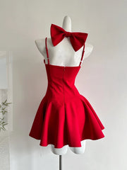 Cyflymder French Elegant Red Sexy Style Dress Women New Year Bow Strap Dresses Fashion Princess Aesthetic Design Sense Party Outfits