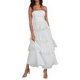 Cyflymder Ruffled Tube Top Long Dress for Women Summer Solid Color Backless Strapless Sleeveless Tiered Cake Dress