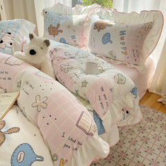 Cyflymder Korean Cartoon Printed Bedding Set Super Soft Fitted Sheet Pillowcase Quilt Cover with Lace Adult Student Dorm Textile Supplies