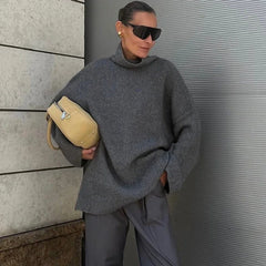 Cyflymder Turleneck Knitted Sweater Women's Solid Loose Fashion Pullover Sweater Autumn Winter Warm Female Casual Gray Top Female
