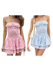 Cyflymder Women s Ruffled Off Shoulder Mini Dress with Floral Print and Tiered Skirt - Sleeveless Bandeau Tube Top Dress