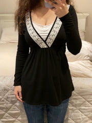 Cyflymder Vintage Slim Fake Two Piece Lace Patchwork All Match Solid o neck long sleeve T-Shirts