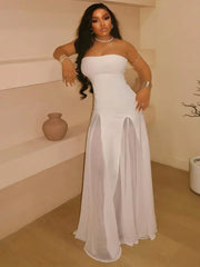 Cyflymder Dress Women Wholesale Slightly Sheer Design Strapless Line Skirt Cinches Waist Look Slimmer One Neck Solid Color Trendy