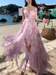 Cyflymder Women Elegant Pink 2025 Spaghetti Strap Fashionable Long Dress Summer Beach Holiday Party Floral Dresses Sweet High Waist Robe