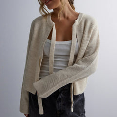 Cyflymder Tie Front Cropped Cardigan Sweaters for Women Crew Neck Long Sleeve Knit Bow Tie Trendy Sweater Tops Winter Fall Streetwear