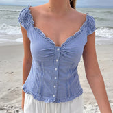 Cyflymder Preppy Button Down Blouse Tops Y2k Vintage Cap Sleeve Women T-shirt 00s Fairy Frill V Neck Crop Tops Milkmaid Vest