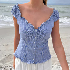 Cyflymder Preppy Button Down Blouse Tops Y2k Vintage Cap Sleeve Women T-shirt 00s Fairy Frill V Neck Crop Tops Milkmaid Vest