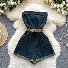 Cyflymder Summer sleeveless strapless jumpsuit women solid color street trendy paired with waistband cinched waist casual denim shorts