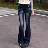 Cyflymder Women Vintage Deep Blue Jeans Sexy Low Rise Slightly Bell-Bottom Trousers 2025 New Spring Summer Skinny Slimming All-Match Jeans