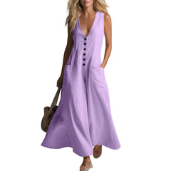Cyflymder Minimalist Solid Color Summer Dress Women V Neck Diagonal Button Down Sleeveless Tank Dress With Pocket Elegant Office Dresses