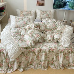 Cyflymder Korean Style Flowers Printing Bedding Set 100% Cotton Princess Lace Ruffles Duvet Cover Bed Skirt Pillowcases Girls Bedclothes