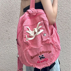 Cyflymder Cute Pink Denim Women Backpacks Large capacity shoulder Bags Girls School Bags Embroidered letters daypacks Travel Jean Bagpack
