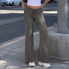 Cyflymder Wommen Drawstring Fold Over Waist Flare Pants Solid Gray Slim Bootcut Trousers Stretchy Casual Streetwear Low Waist Bell Bottom