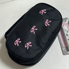 Cyflymder 1 Pc Sweet Black Pink Color Pencil Case for Kids Girl Korean Fashion Embroidery Bow Stationery Organizer Large Capacity Pen Bag