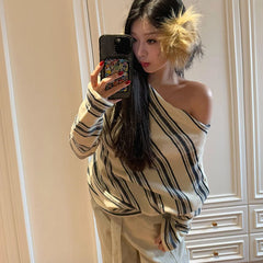 Cyflymder Casual Striped Women Sweater Slash Neck Long Sleeve Temperament Jumper Sueter Mujer Fashion Knitted Pullovers Tops Pull Femme