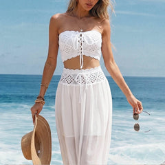 Cyflymder Sexy Off Shoulder Sleeveless Tops & Maxi Skirt Suit Elegant Crochet Knitted Cover Up 2Pc Outfits Women Fashion Hollow Beachwear