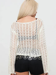 Cyflymder Knit Hollow Out Sweater Pullover Women Long Sleeve Sexy See Through Crop Tops Autumn New Casual Knitwear Cover Up