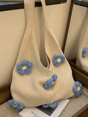 Cyflymder Knitted Yarn Bags for Women New Large Capacity Summer Beach Vacation Flower Underarm Tote Bag